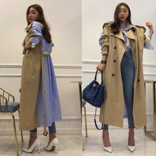 Women Casual Loose Patchwork Medium Long Trench Ladies Striped Back Personality Korean Style Wind Coats