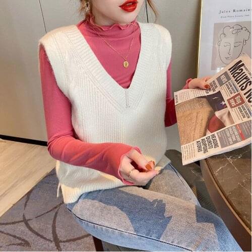 2021 Spring Autumn Woman Knitted Sweater Pullover Female Solid V Neck Vest Knit Sleeveless Tank Tops Ladies Fashion Jumpers Q29