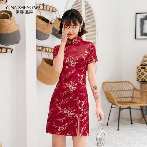 Chinese Female Satin Dress Elegant Slim Plus Size Qipao Collar Vintage Cheongsam Vestidos Sexy High Split Chinese Dress Women
