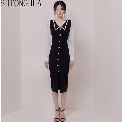 SHTONGHUA Office Lady Vintage Patchwork Women Dress Long Sleeve Front Midi Patry Dress femme Hip Package Sexy Vestidos