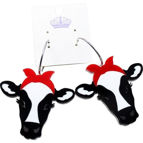 1pair)50mm Acrylic Cow Earring With Red Bow Cute Animal Dangle Hook Laser Cutout-HP124
