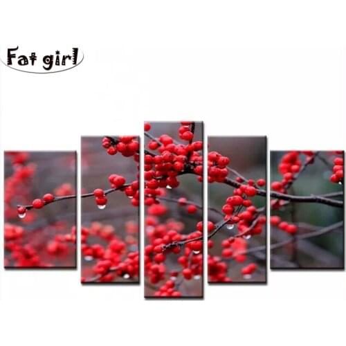 5PCS DIY diamond Painting Cross Stitch full square drill embroidery Red fruit in the rain 5D Diamond mosaic Home Decor Gift
