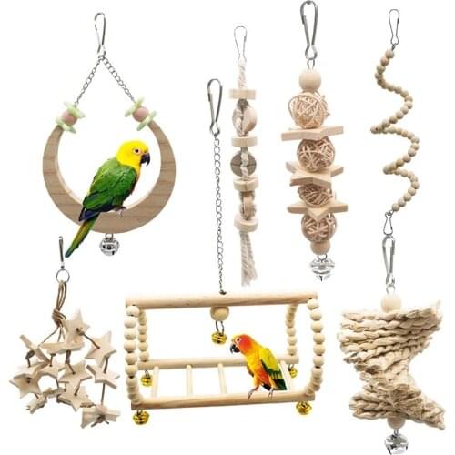 7 Pcs Parrot Toys Set Wooden Climbing Chewing Swinging Hanging Bird Toys Parrots Long-Tailed Parrot Bird Supplies Fast Delivery