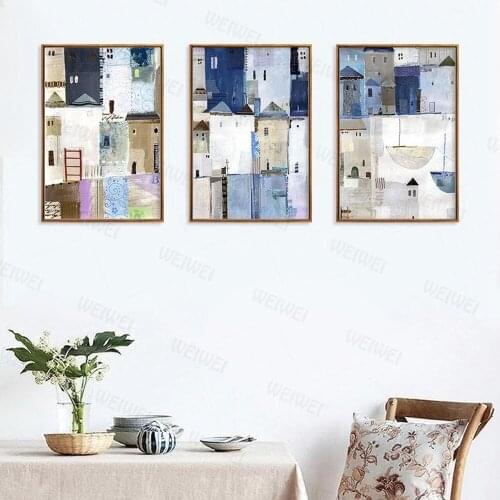 Watercolor Abstract Waterproof Canvas Painting Retro City House Poster Living Room Wall Art Canvas Bedroom Decoration Pictures