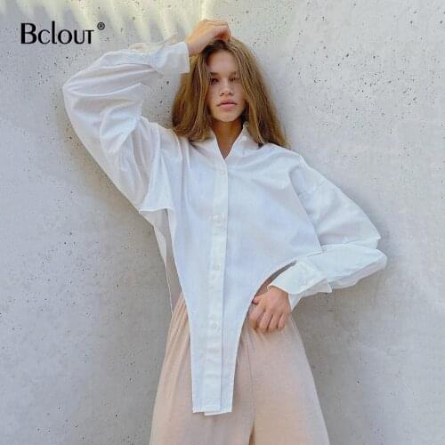 Bclout Casual Asymmetrical Single Breasted Women Shirts Summer Long Sleeve Turn Down Collar Overhemd Fashion Woman Blouses 2021