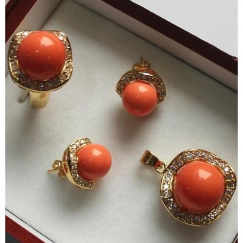 Free Shipping wholesale noble jewelry set 18KGP+12-14mm orange shell pearl,ring, pendant & stud earring (D)
