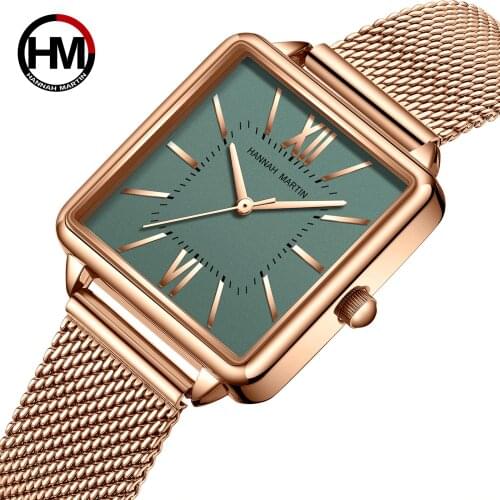 Hannah Martin Top Japan Quartz Movement Womens Watch Design Square Full Stainless Steel Wrist Watches Lady Gold Green Hour A3829
