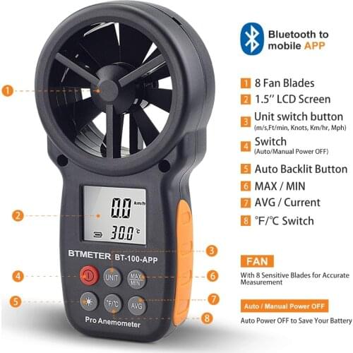 Digital Anemometer Tester measure Speed Temperature Wind Chill Wireless Bluetooth Vane Anemometer Meter Connect to Phone Tester