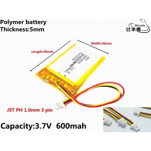 JST PH 1.0mm 3 pin Liter energy battery 3.7V,600mAH 503040 Polymer lithium ion / Li-ion battery for tablet pc BANK,GPS,mp3,mp4