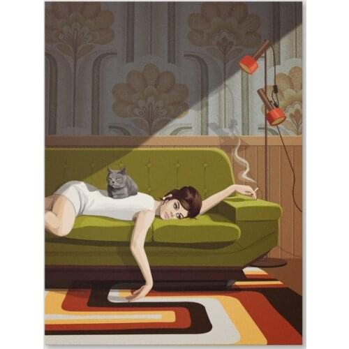 HD Printed Waiting Game Canvas Painting Wall Art Woman and Cat Pictures Home Decor Bedroom Bedside Background Modular Poster