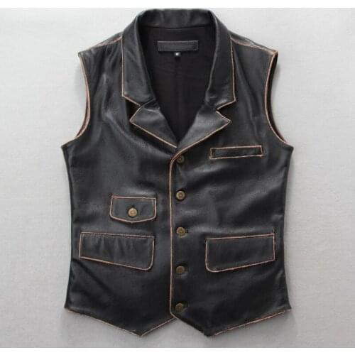 Mens slim fit genuine jacket sleeveless brown black vintage leather men natural sheepskin vest with pockets