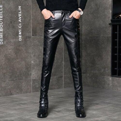 2021 Mens Autumn Slim Fit Stretch Feet Leather Pants Teenagers Tight Trendy Patchwork PU Leather Pants