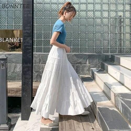 Solid Midi Skirts Women Elastic High Waist Ankle Length Simple Summer Students A-line Fairy Leisure Elegant Lady Ulzzang Femme