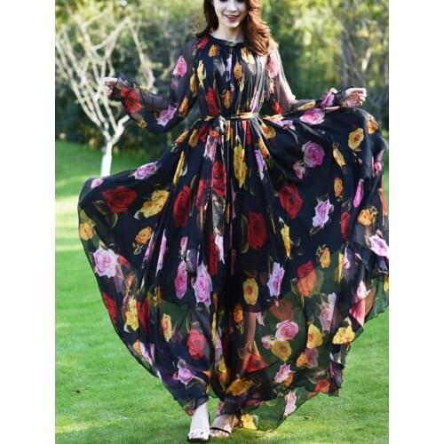Floral Printed Islamic Muslim Loose Breathable Chiffon Summer Fashion Abaya Clothes Female Saudi Arabia Dubai Kaftan Long Dress