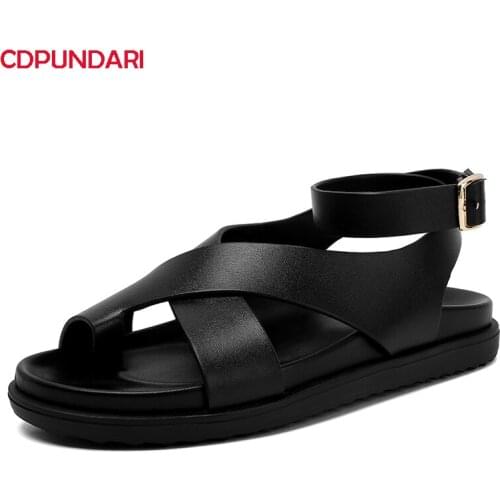 Black Ankle Strap Genuine Leather Flat Platform Gladiator Sandals Women Summer Casual Shoes Sandales Femmes 2021 Sandalias Mujer