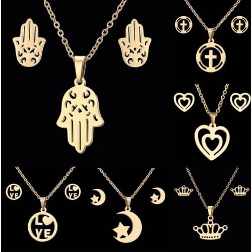 Gold Color Stainless Steel Sets For Women Heart Crown Love Cross Stars Moon Necklace Earring Set Bride Wedding Jewelry Gifts