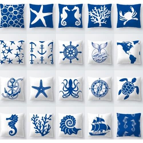 Super Hot Royal Blue Polyester Cushion Covers Marine Organism Sailboat Nordic Geometric Blue Pillow Covers Decorative Sofa Chair