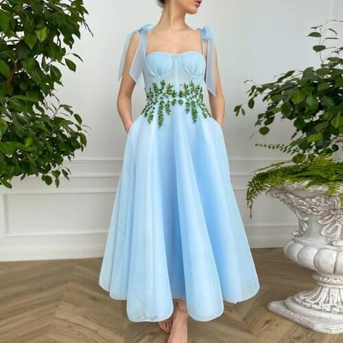 Light Blue Prom Dresses Beads 2021 Spaghetti Strap A Line Tulle Ankle Length Evening Gown Formal Party Dress