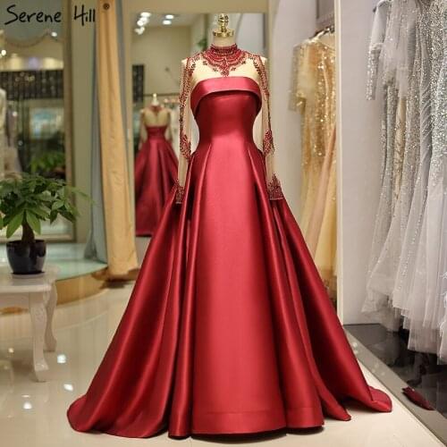 Navy Blue Diamond Satin A-Line Evening Dresses Design 2020 High Neck Long Sleeves Evening Gowns Serene Hill DLA60768