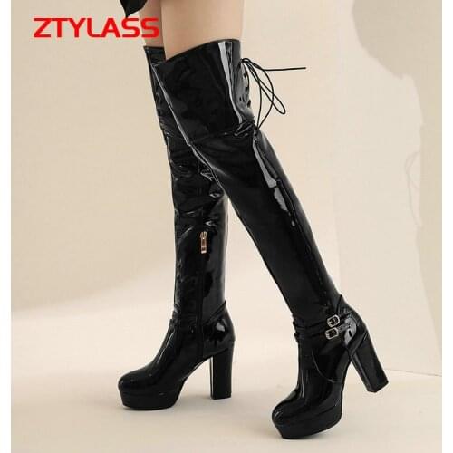 2021 Women Boots Sexy Patent Leather Platform Over The Knee Boots Square High Heel Long Boots Autumn Winter Zipper Shoes Ladies
