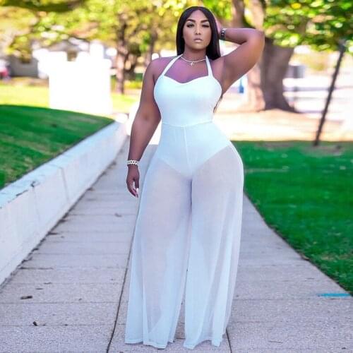 Women Halter Jumpsuit Sexy Sleeveless Backless Solid Color Loose Romper Mesh Long Pants Female Ladies Summer Casual Plus Size
