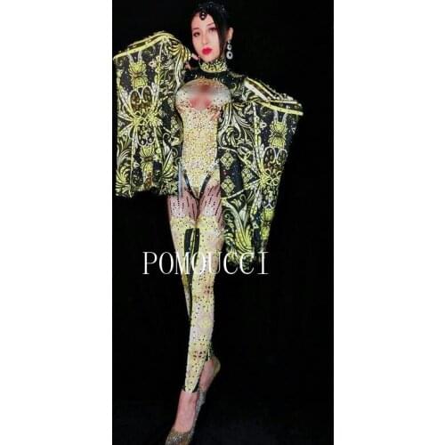 2020 Women New Fashion Black Yellow Jumpsuit Outfit Women Celebrate Rhinestone Costume Female Singer Big Sleeves Bodysuit