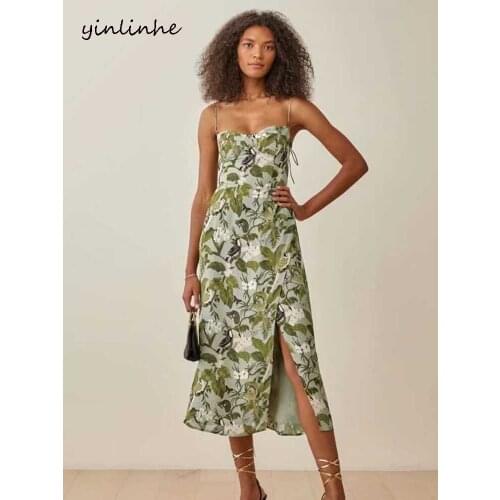 Yinlinhe Backless Tied Braces Summer Dress Irregular Split Green Slim Party Dress French Heart Collar Sexy Long Dress Women 2189