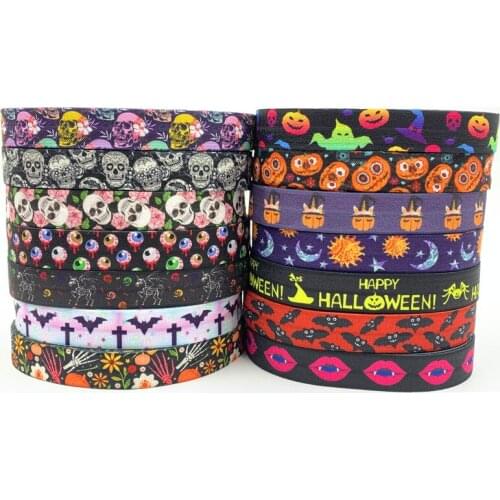 10yard/Lot Pumpkin Bat Skull Castle Print Fold Over Elastic 5/8" Halloween FOE Ribbon for Bracelet DIY Headwear Hair Accessories