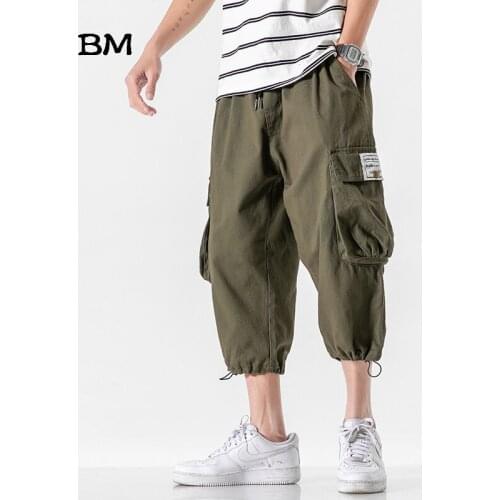 2020 Summer Casual Pants Men Plus Size Loose Fashion Cropped Pants Hip Hop Overalls Streetwear Korean Style Baggy Pants Male
