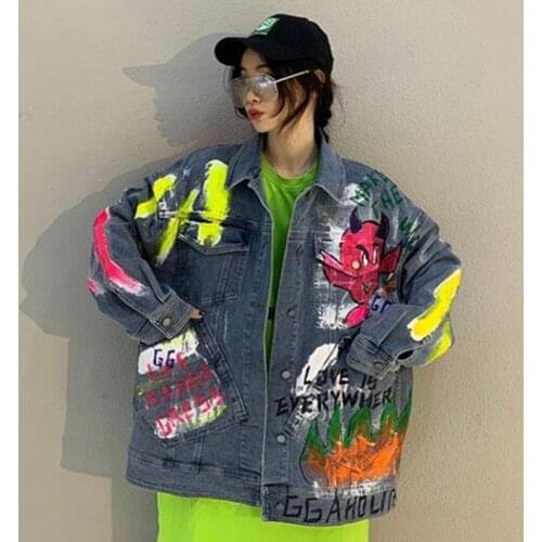 2020 Jacket Denim Fashion Loose Street Hip Hop Free Shipping Real Shot For Men And Women Doodle Hand Drawn