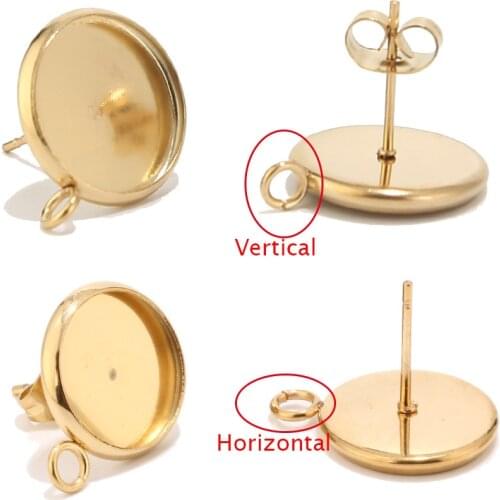 40pcs Wholesale Gold Earring Posts Studs Settings Bezels Cabochons Tacks with Loop 12mm Glue Pad Setting