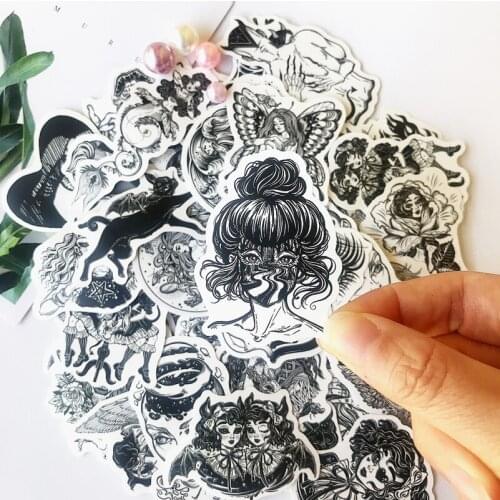 50Pcs/Lot The Black and White Gothic Style Girl and Skull Stickers Horror Thriller Stickers