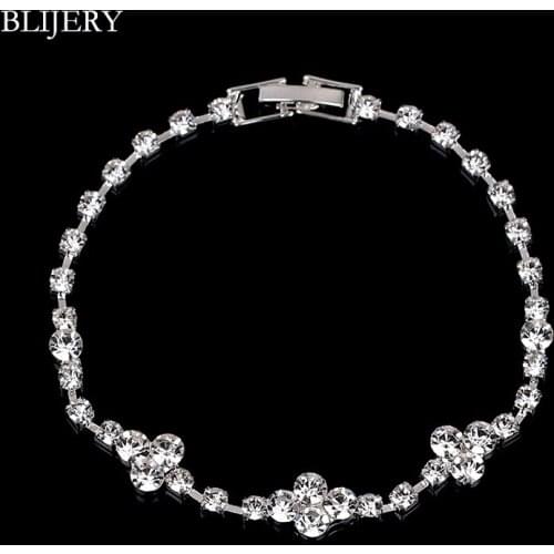 BLIJERY Simple Crystal Bracelets For Women Silver Color Rhinestone Flower Bracelets & Bangles Femme Bridal Wedding Jewelry