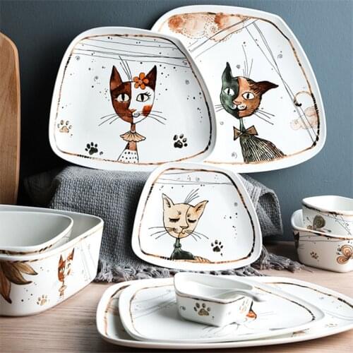 Ceramic Cute Cartoon Cat Tableware Household Soup Noodle Bowl Creative Steak Plate Fruit Dessert Dishes Porcelain Dinnerware