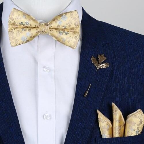 Classic Gold Bow Ties for Men Silk Butterfly Pre-Tied Floral Bow Tie Handkerchief Brooch Set Wedding Party Yellow Mens Bow tie
