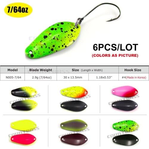 6PCS Countbass Casting Spoon With Korean Single Hook, Size 30x13.5mm, 2.9g 7/64oz Salmon Trout Bass Fishing Lures, Crappie Bait