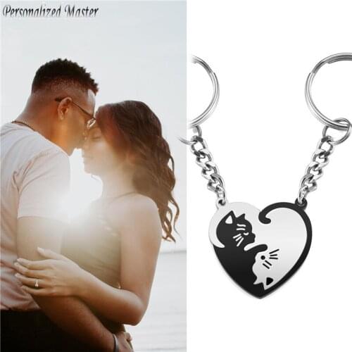 Personalized Master Custom Name Cute Cats Keychains Stainless Steel Puzzle Heart Cat Yin Yang Keychain Engraved Couple Keyring