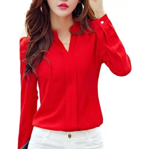 Long Sleeve Shirt Women Autumn Clothing Fashion Slim Chiffon Blouse V Neck Korean Elegant Ladies Office Shirts Red White