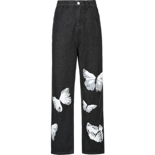 CHIC HARAJUKU Ins European Hiphop BF Denim Jeans Women Butterfly Print High Waist Jean Straight Pants Wide Leg Trousers