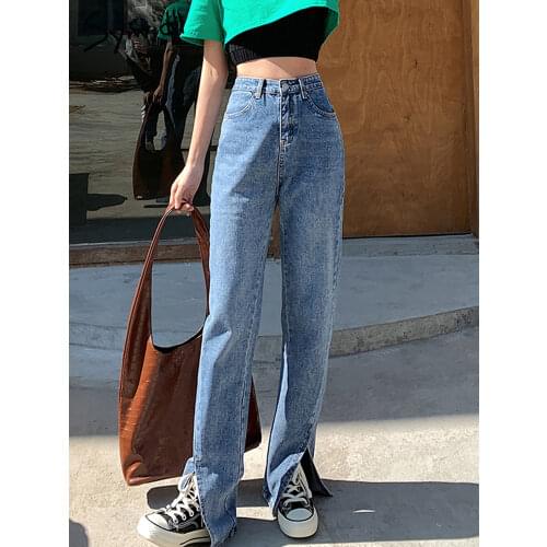 Syiwidii Women Jeans Black Flare Pants Front Side Slit Leg 2021 Spring High Waisted Bell Bottom Jeans Full Length Denim Clothes