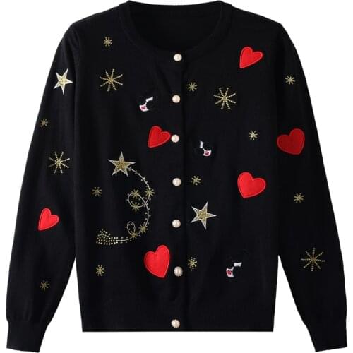 Spring Womens Embroidered Sweater Cute Star Embroidered Pearl Button Knit Cardigan New in 2021