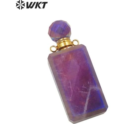 WT-P1645 Amazing new design natural amethysts stone perfume bottle gold long square rainbow essencial oil bottle pendant