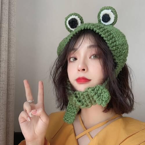 2020 Frog Knitted Beanie Hat Women Autumn Winter Sweet Cute Warm Korean Headpiece Student Girl High Quality Fashion Thick Hats