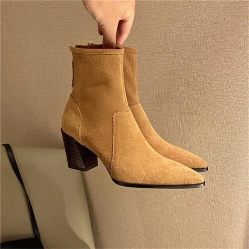 Spring/Autumn Women Boots Retro Solid Short Boots Pointed Toe Chunky Heel Height(5cm-8cm) Suede Leather Ladies Shoes All-match