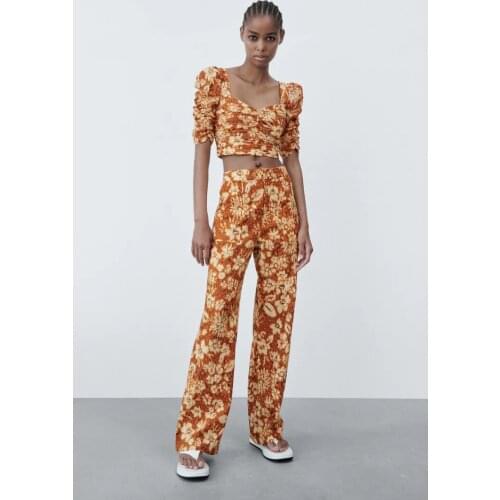 Za 2021 womens fashion print set slim cut jacket and straight Pants Set 2-piece Shirt Pants Set