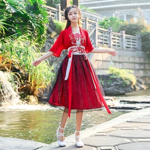 Woman Chinese Traditional Hanfu Dress Ancient Elegant Embroidery Dance Wear Summer Red Fairy Short Sleeve Top Mesh Skirt