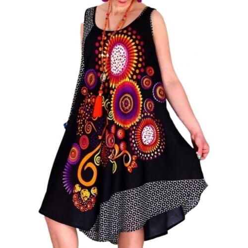 2021 Women Summer Dress Bohemian Leisure Ethnic Style Print Sleeveless Irregular Hem Ladies Ethnic Style Print robe femme été