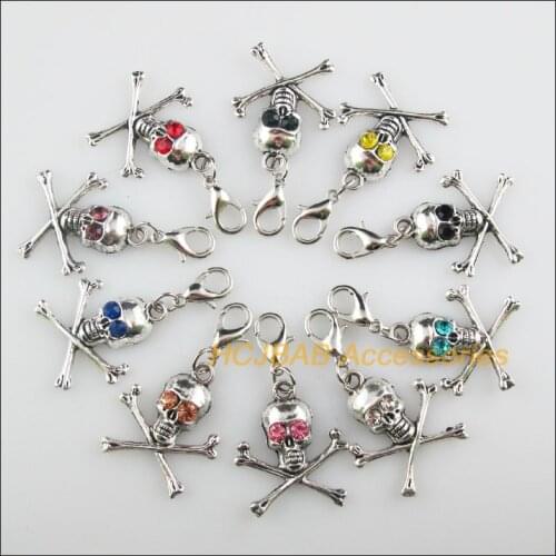 10 New Skull 21x23.5mm Charms Mixed Round Crystal Tibetan Silver Tone Retro With Lobster Claw Clasps