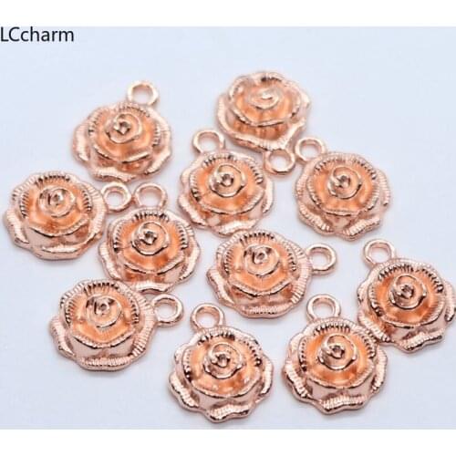 20pcs Metal Rose Gold Rose Flower Charms Pendants Beads 14x17mm DIY Jewelry Making