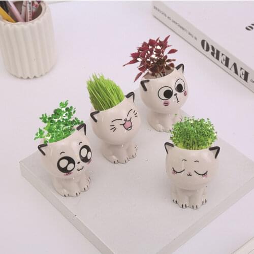 White Ceramic Cartoon Cat Selling Meng Expression Cat Pose Creative Crafts Long Grass Head Doll Plant Potted Plant
